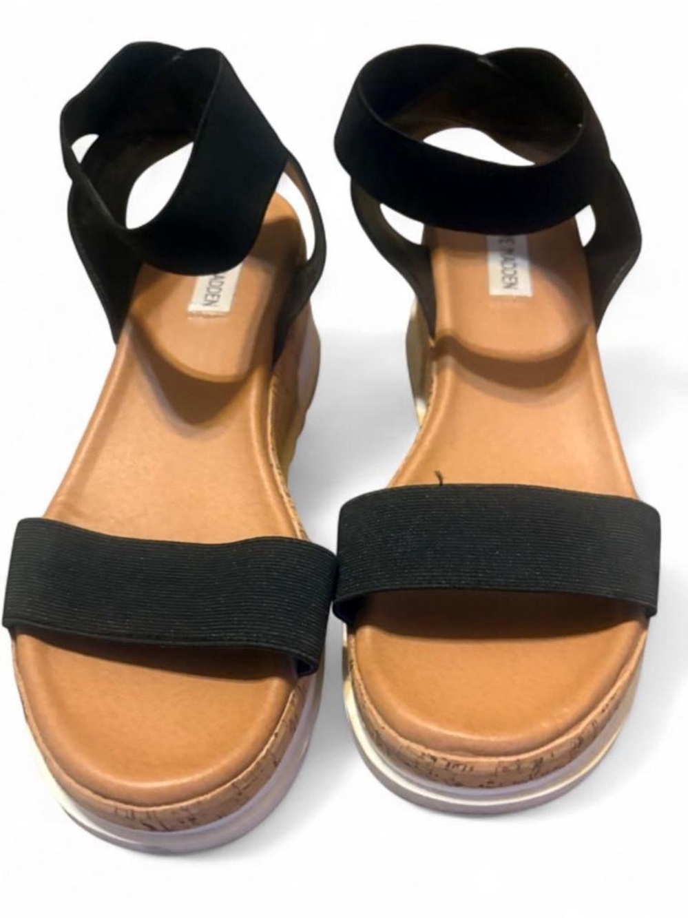 Steve Madden black platform sandals with cork sole and black elastic straps. 10
